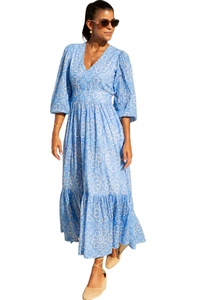 Annie Maxi Organic Cotton Dress | Lace Floral Cornflower White
