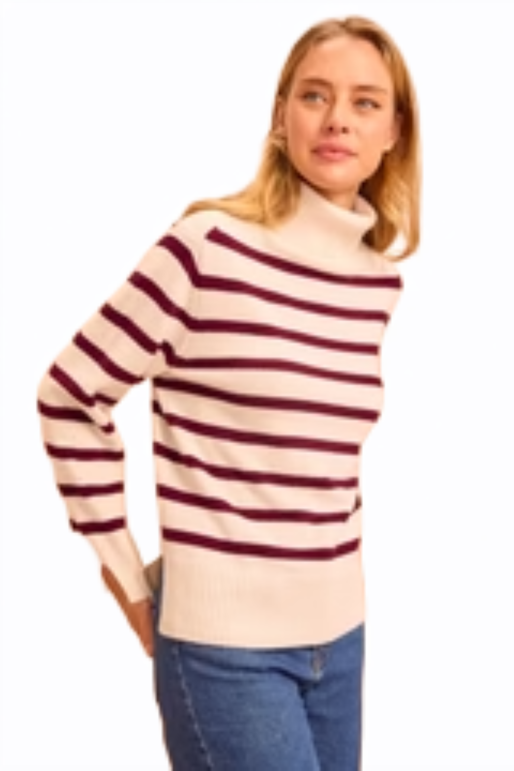 striped roll neck jumper in a relaxed cut in fig and cream