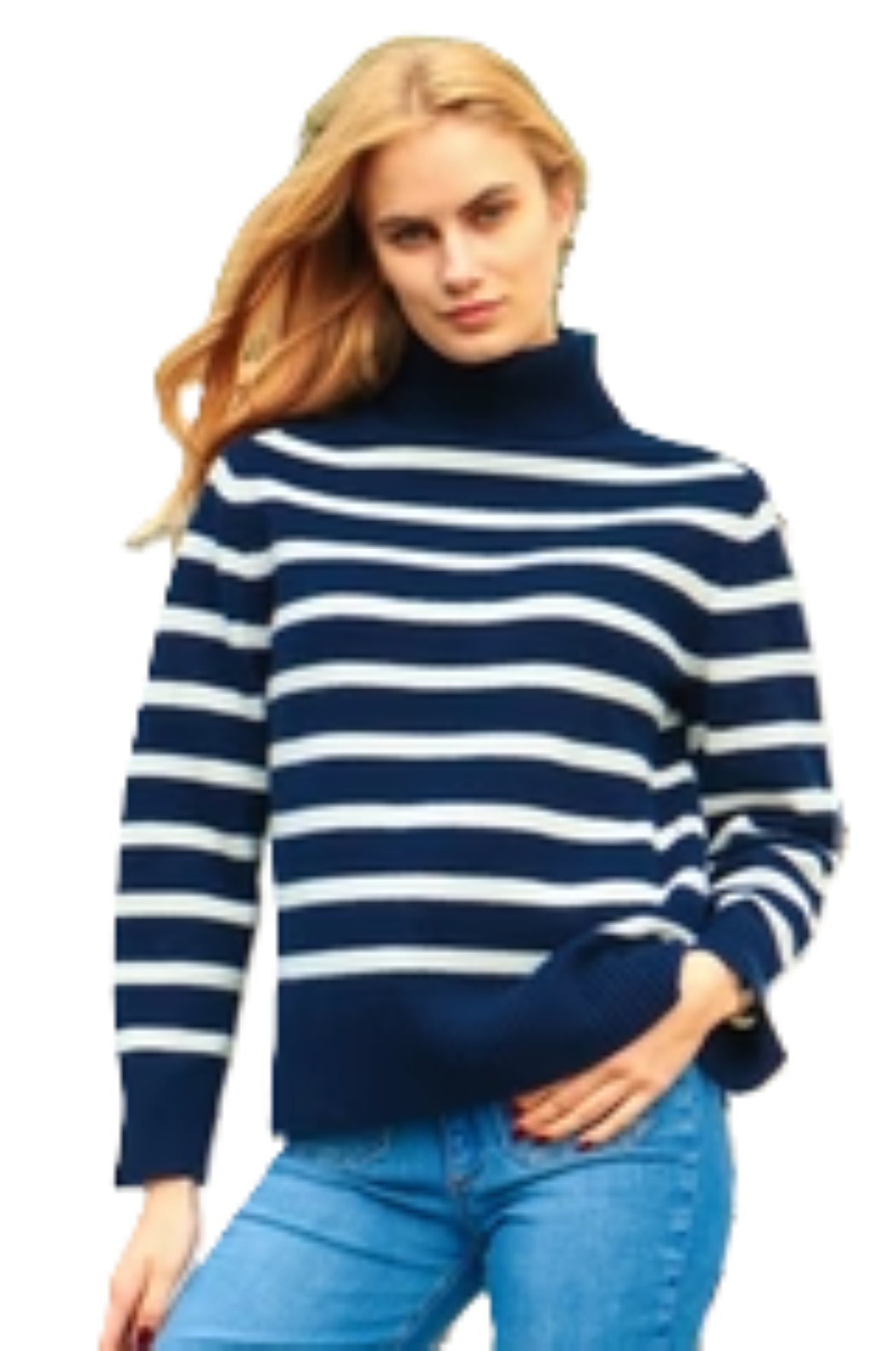 striped roll neck jumper in a relaxed cut in navy and ivory