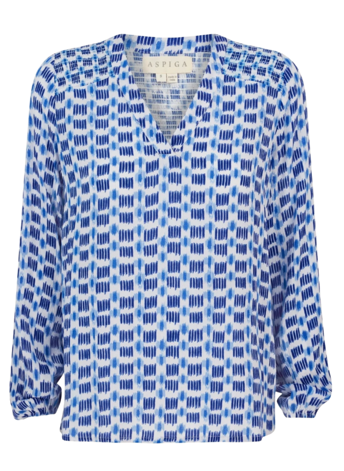 lightweight v-neck top with bracelet length sleeves in blue and white print