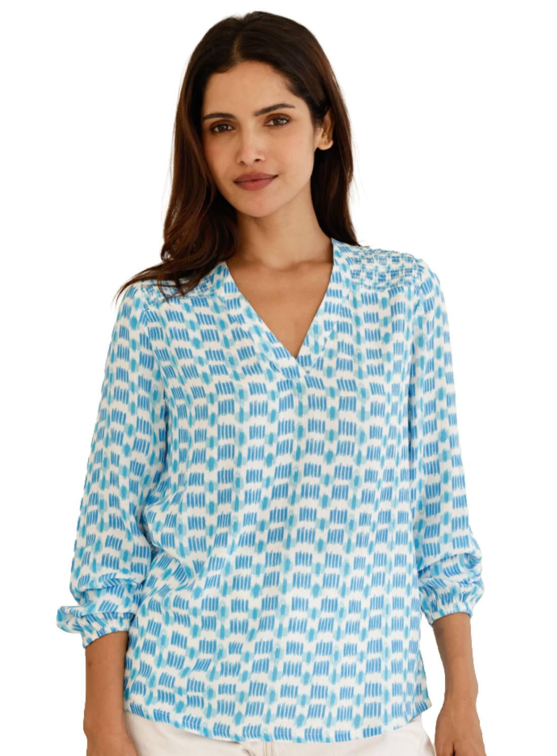 lightweight v-neck top with bracelet length sleeves in turquoise and white print