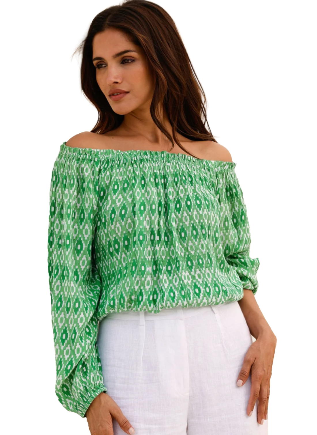 long sleeve off the shoulder top in green and white aztec print