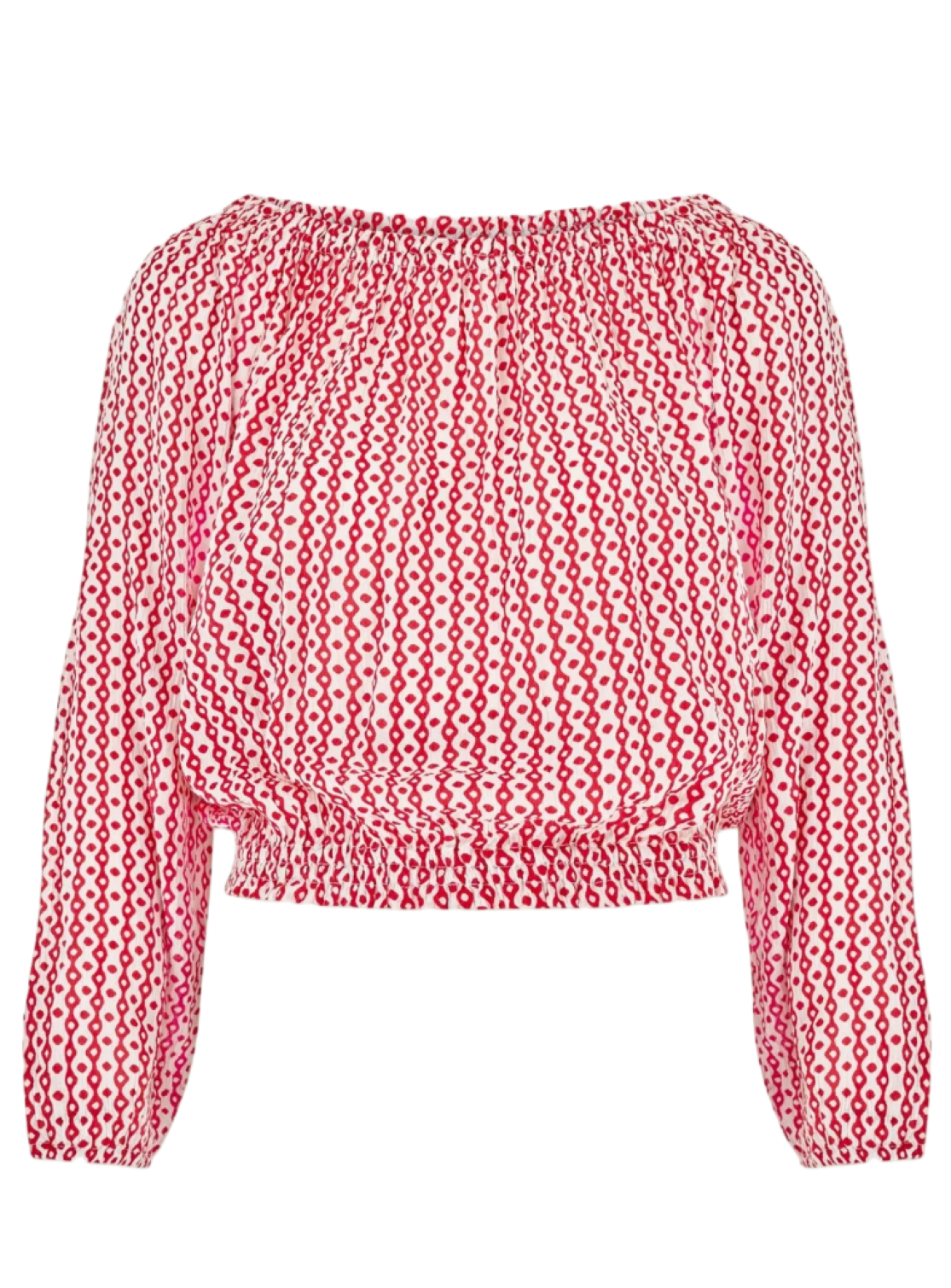 long sleeve off the shoulder top in red and white santorini print