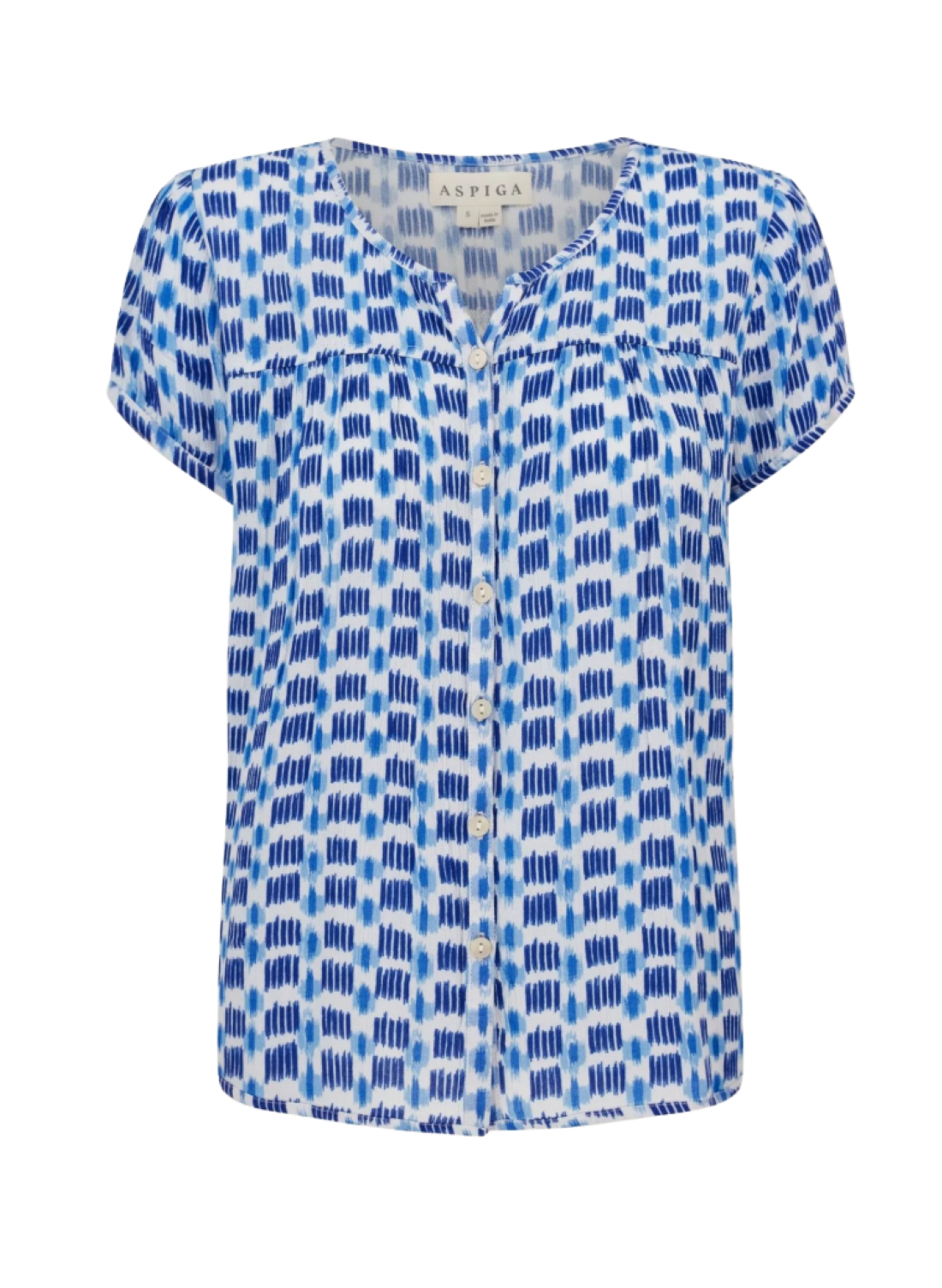 short sleeve round neck top in blue and white print