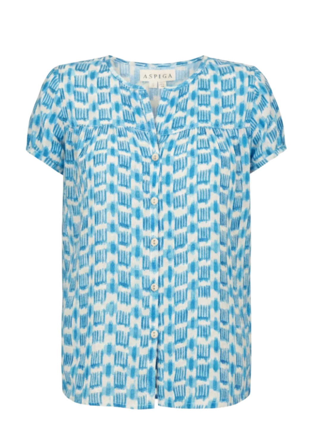 short sleeve round neck top in turquoise and white print