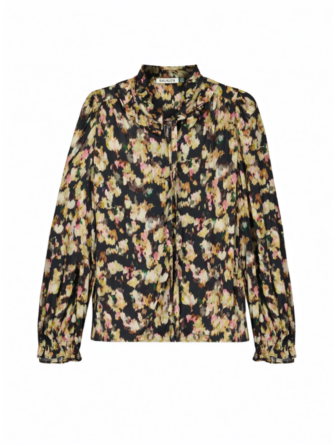 floral blouse in navy with a frill-topped collar with ties, puffed sleeves and elasticated cuffs