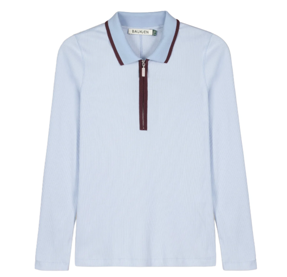 neat fitting zip collar top in ice blue