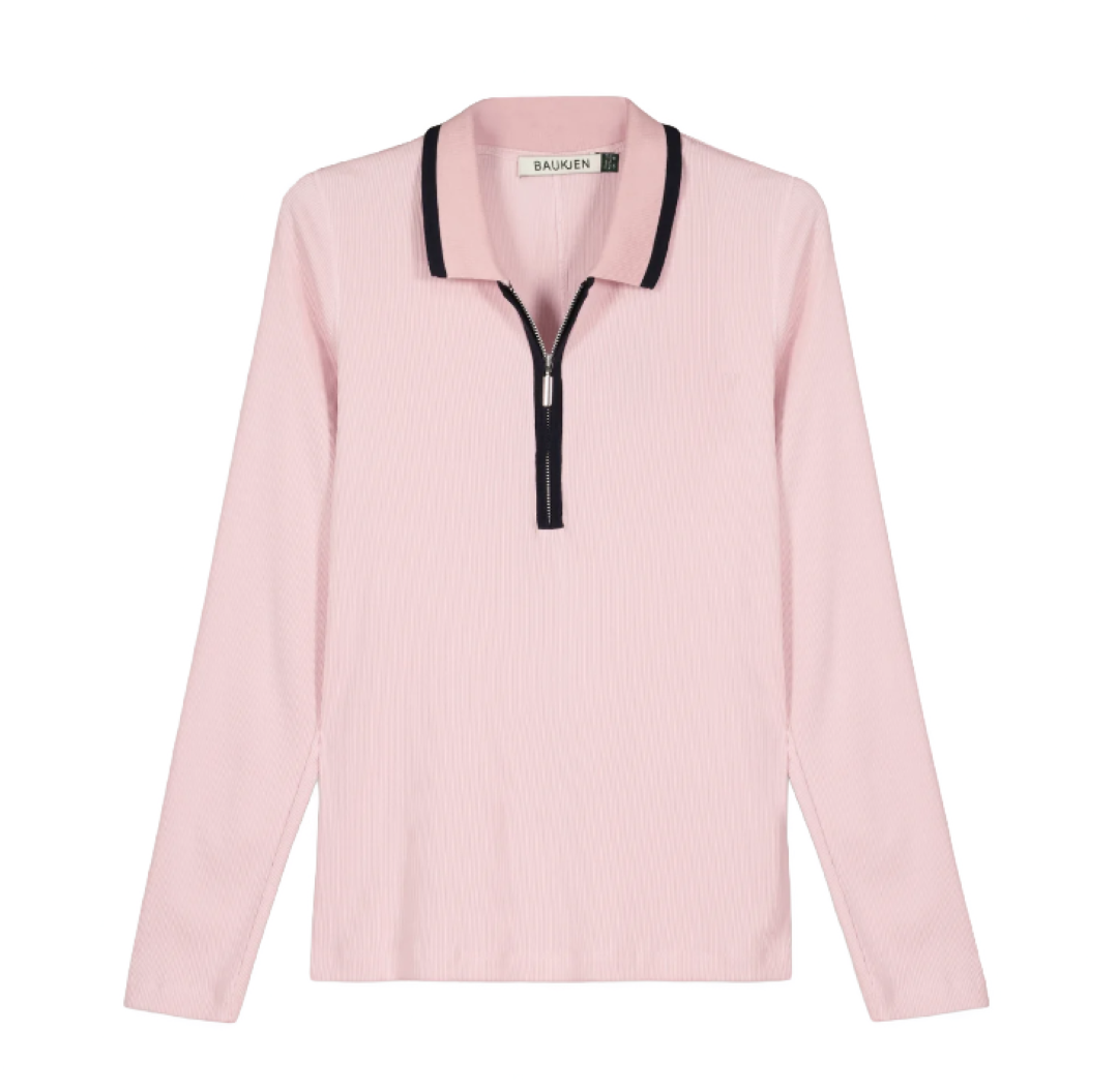 neat fitting zip collar top in pastel pink