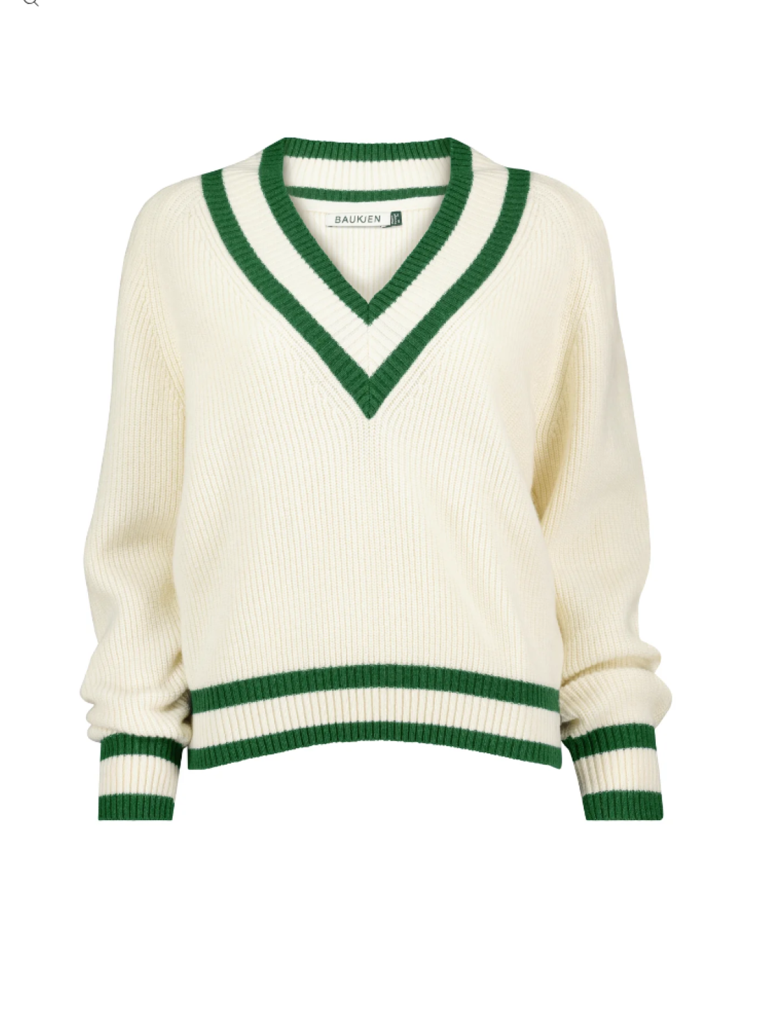 wool blend cricket jumper in cream with green edging