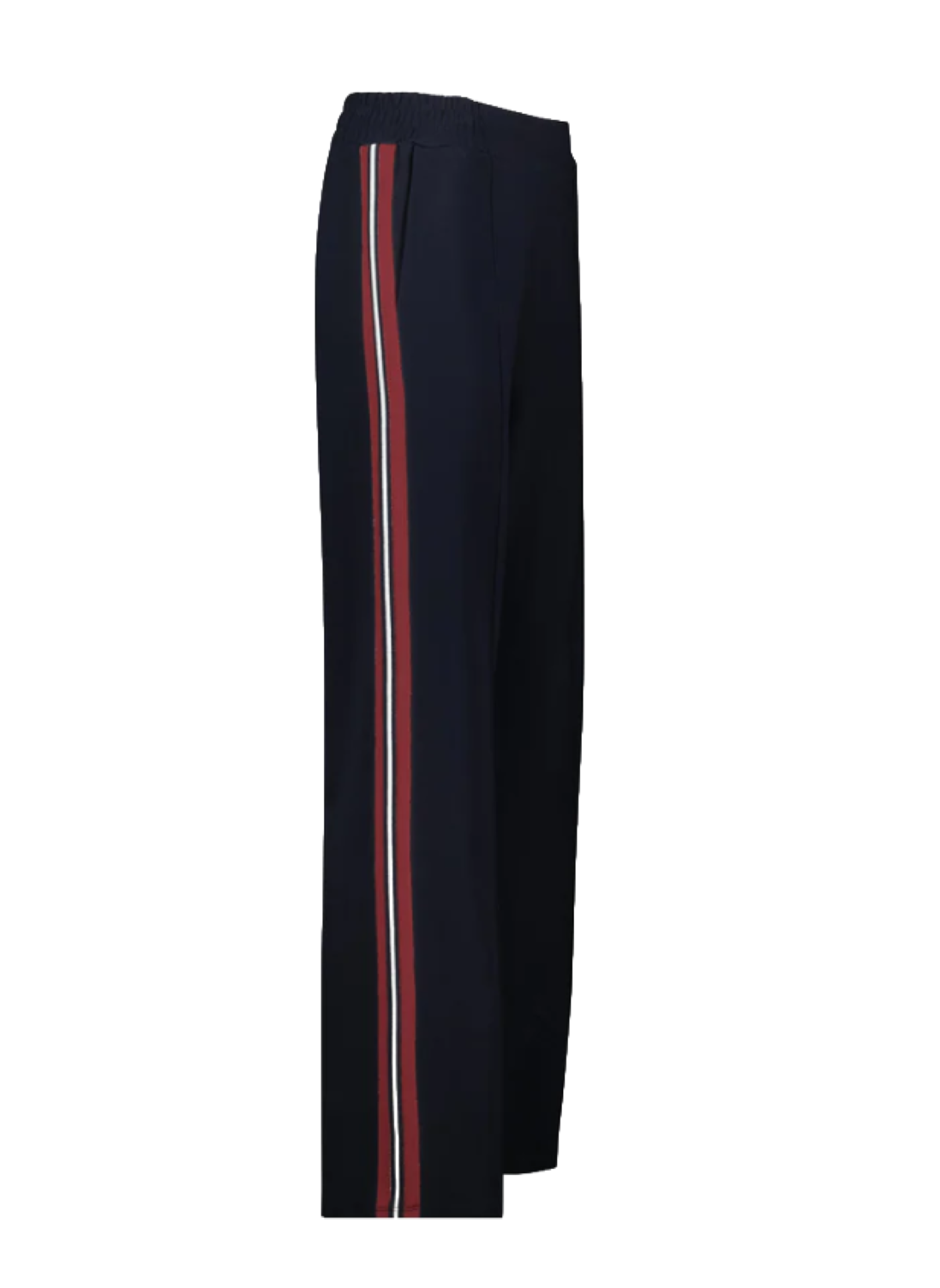 wide leg jogger style trouser in black with burgundy side stripe
