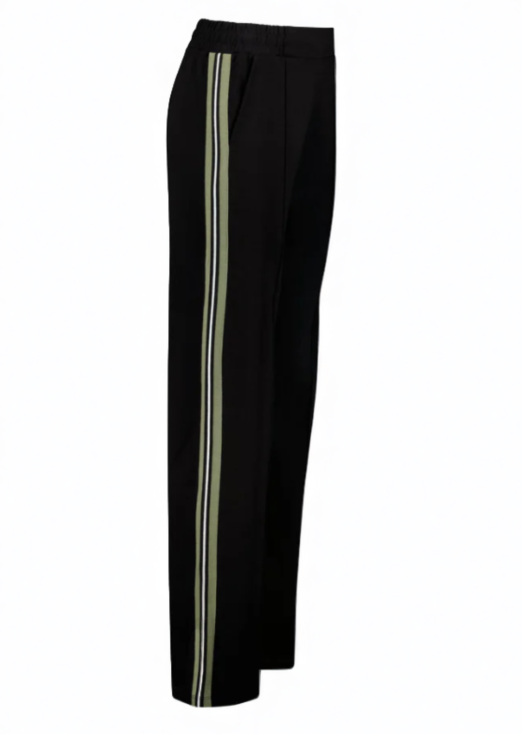 wide leg jogger style trouser in black with khaki side stripe