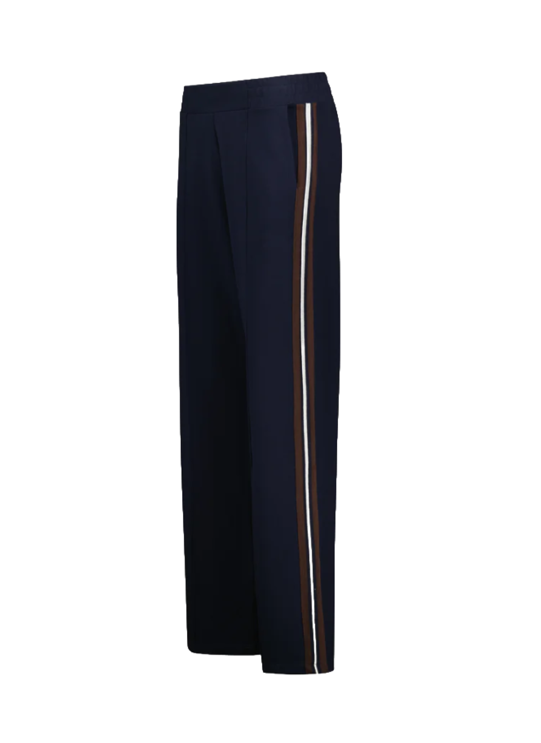 wide leg jogger style trouser in navy with dark chocolate side stripe