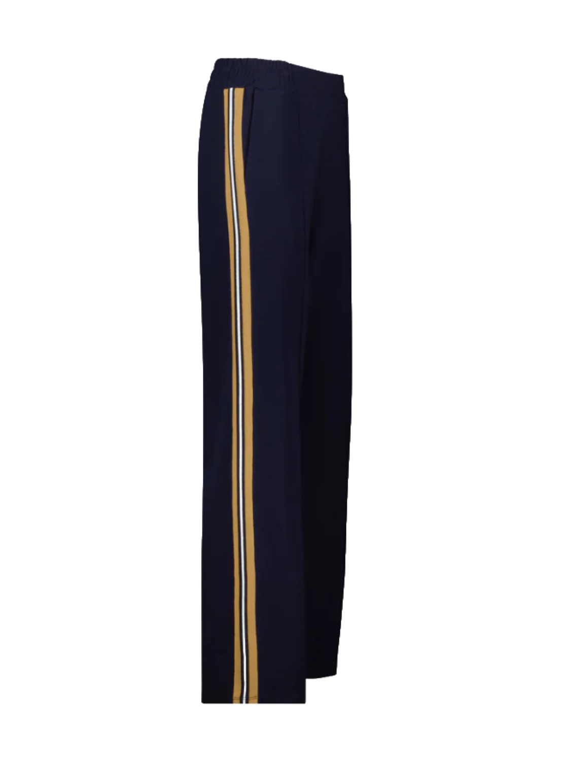 wide leg jogger style trouser in navy with taupe side stripe