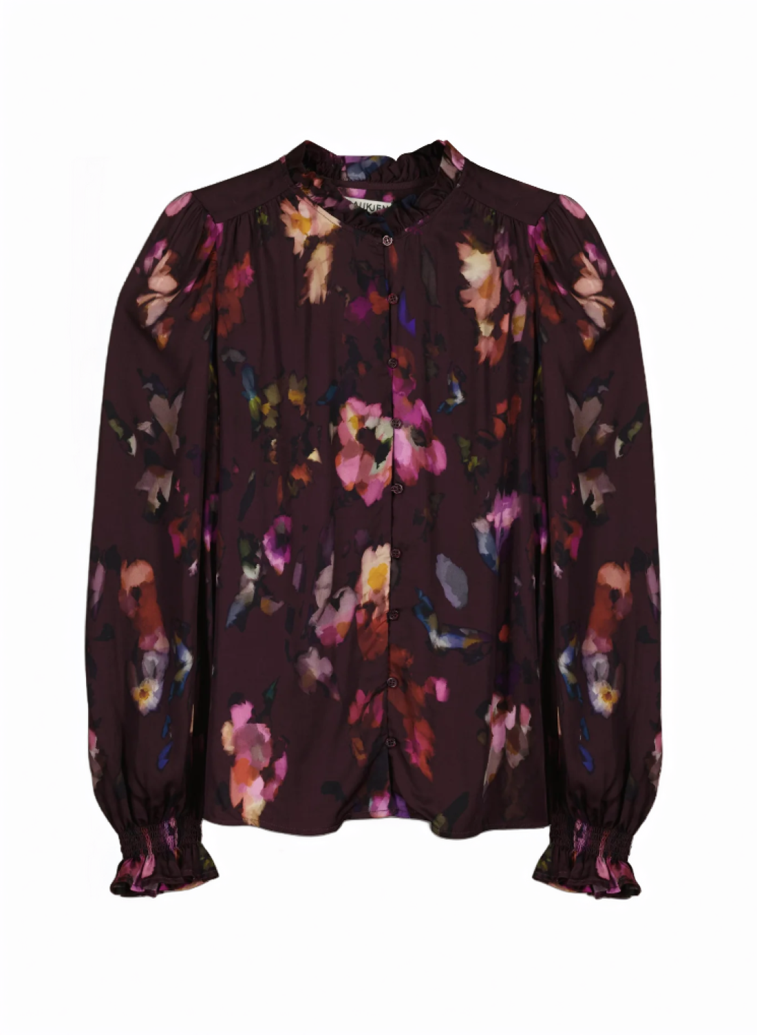 floral blouse in plum with a frill-edged collar, puffed sleeves and shirred cuffs