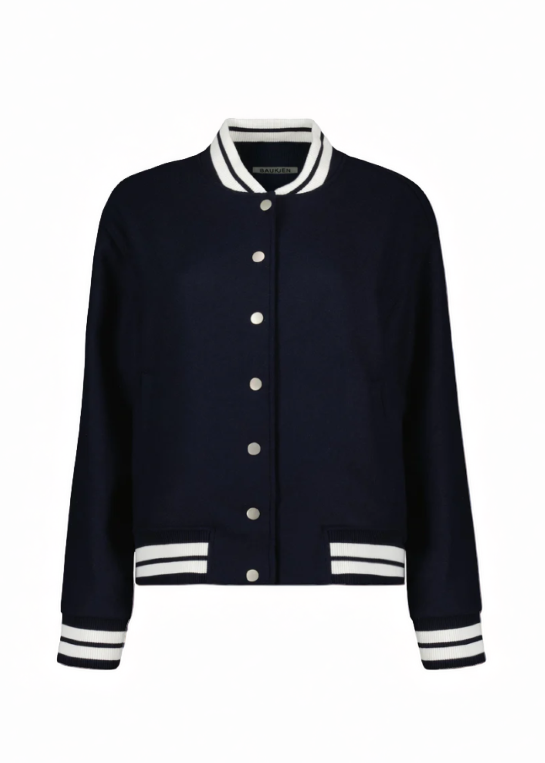 wool blend bomber jacket in navy with white collar cuffs and hem