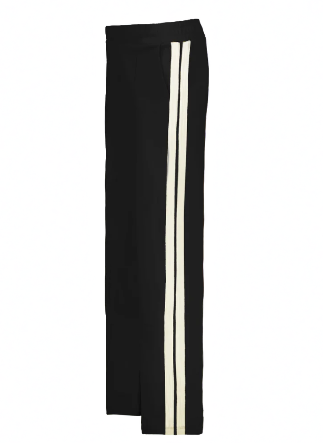 wide leg jogger style trouser in black with cream side stripe