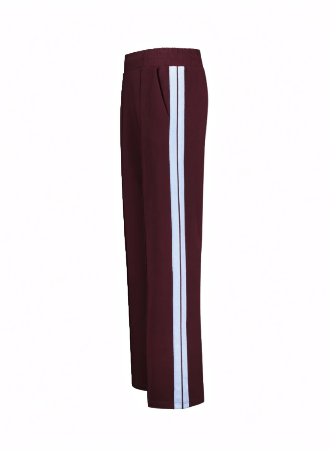 wide leg jogger style trouser in plum with ice blue side stripe