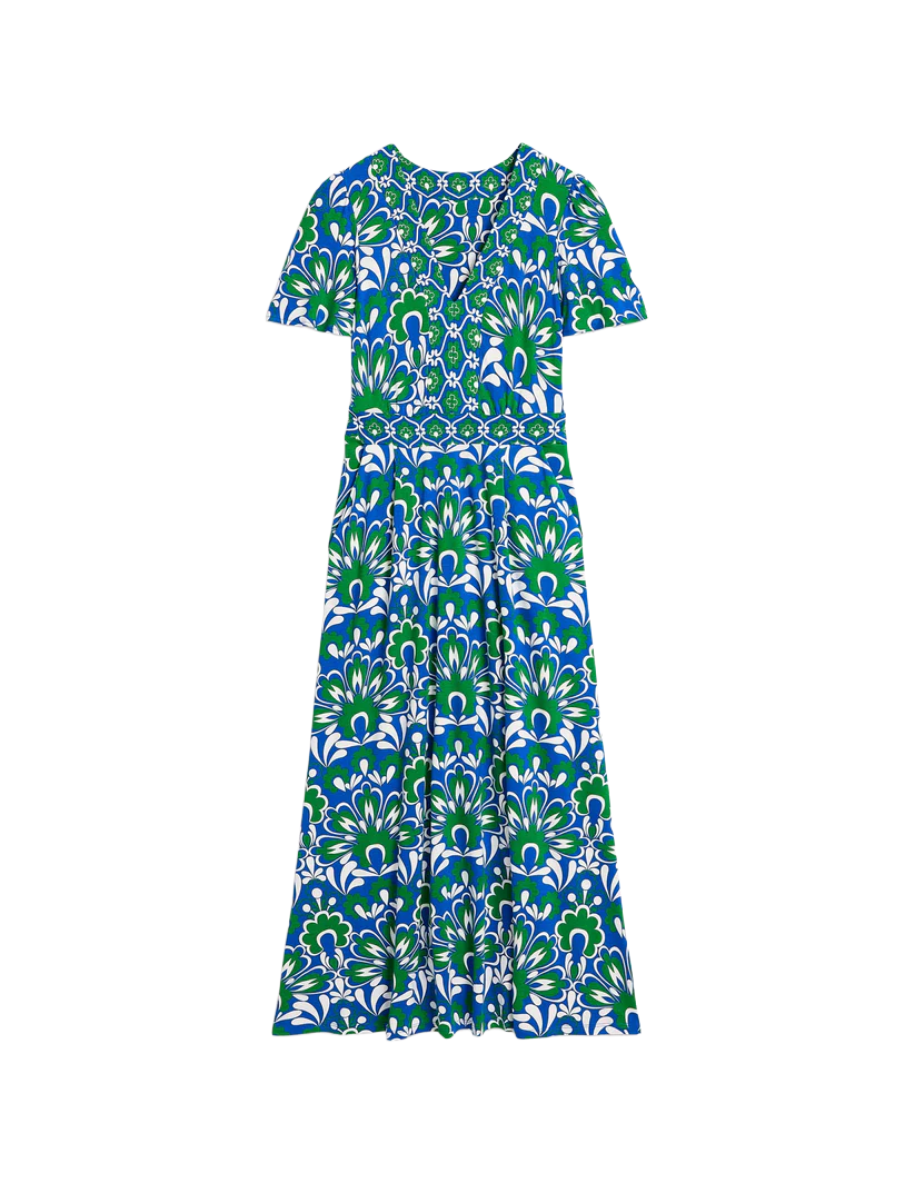 Ellie Flutter Maxi Tea Dress | Blue Decorative Dandelion
