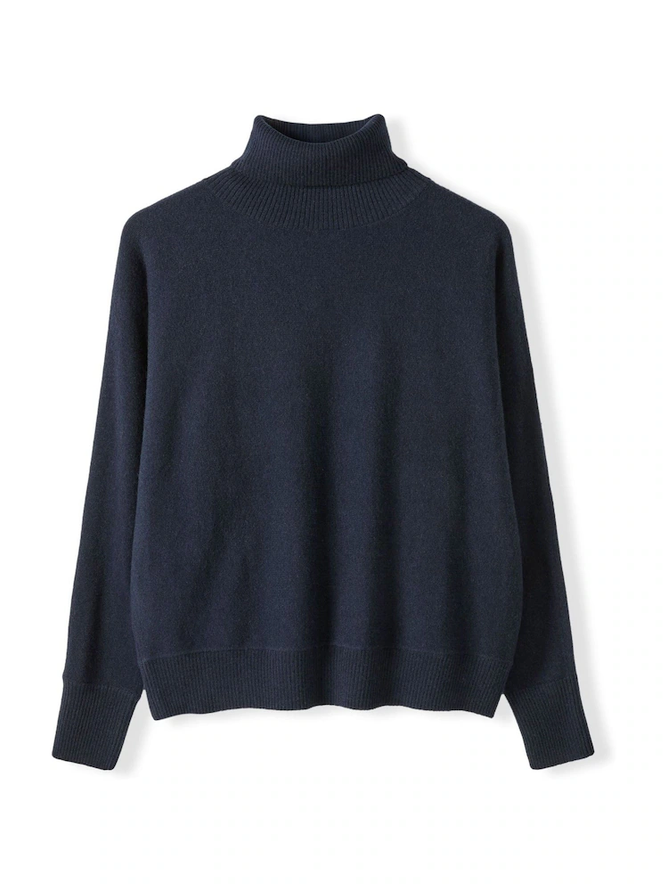 lambswool roll neck jumper contemporary shorter length in dark navy