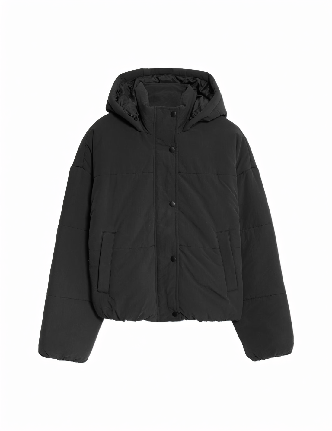 lightweight black puffer jacket with funnel neck and hood