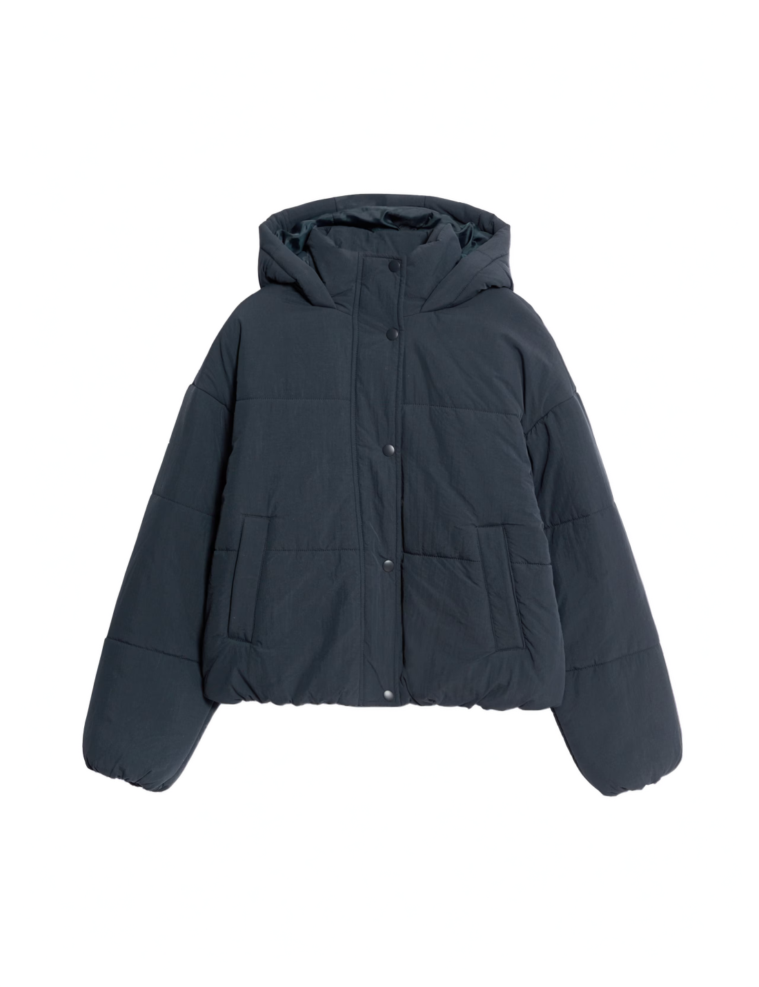lightweight navy puffer jacket with funnel neck and hood