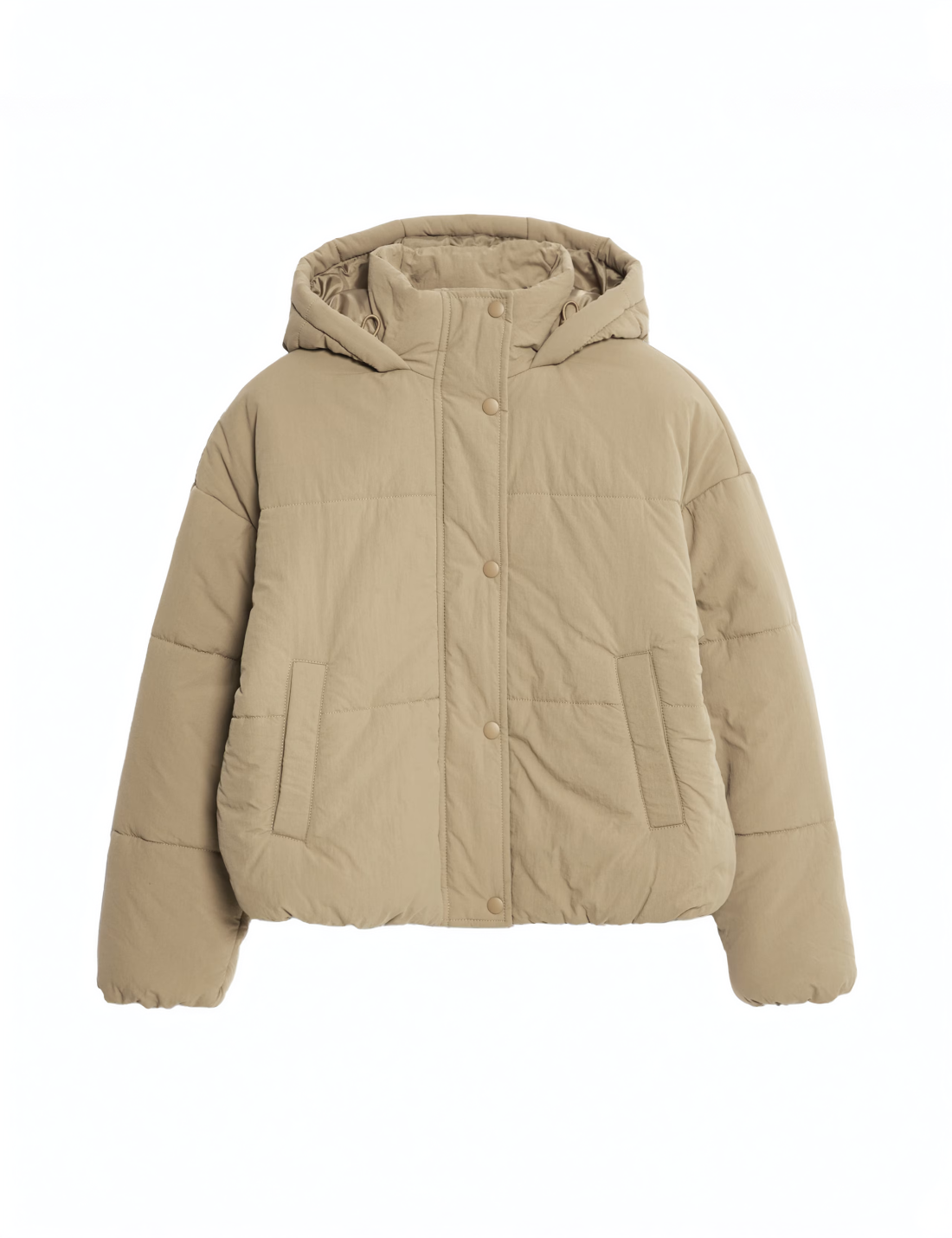 lightweight beige puffer jacket with funnel neck and hood