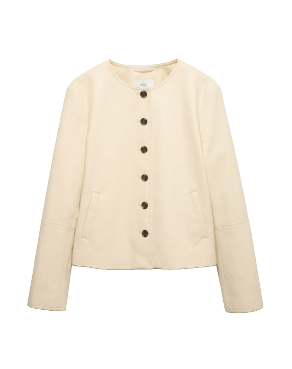 collarless faux leather jacket with button fastening in pale yellow