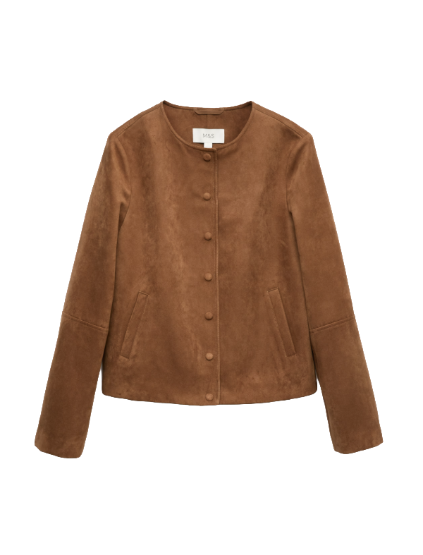 suedette collarless jacket with button fastening in brown