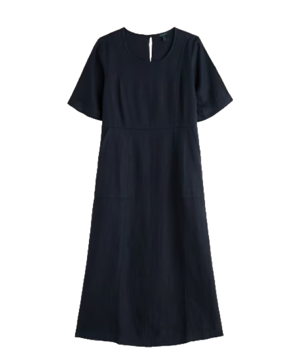 scoop neck, linen midi dress, with half sleeves in navy