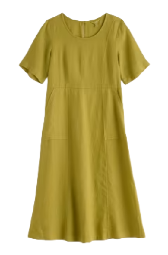scoop neck, linen midi dress, with half sleeves in yellow