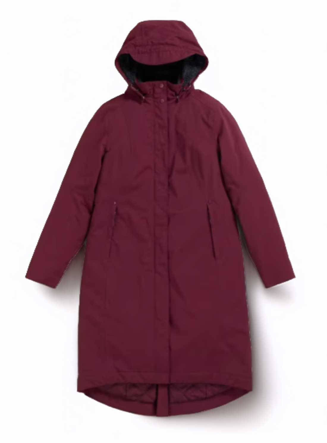knee length waterproof raincoat which falls to the knee in burgundy