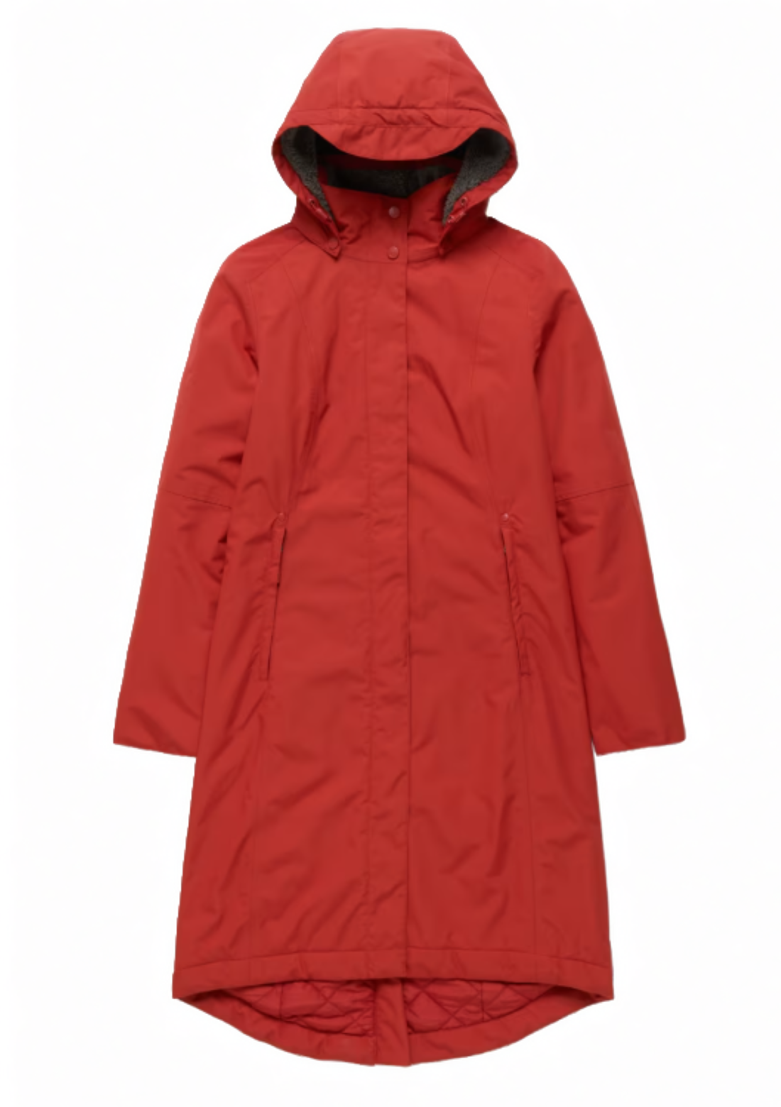 knee length waterproof raincoat which falls to the knee in warm red