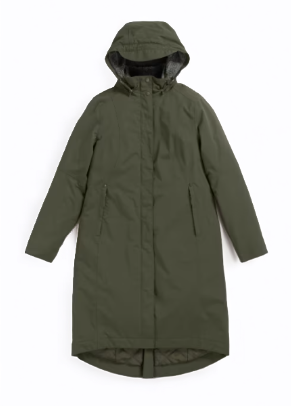 knee length waterproof raincoat which falls to the knee in woodland green