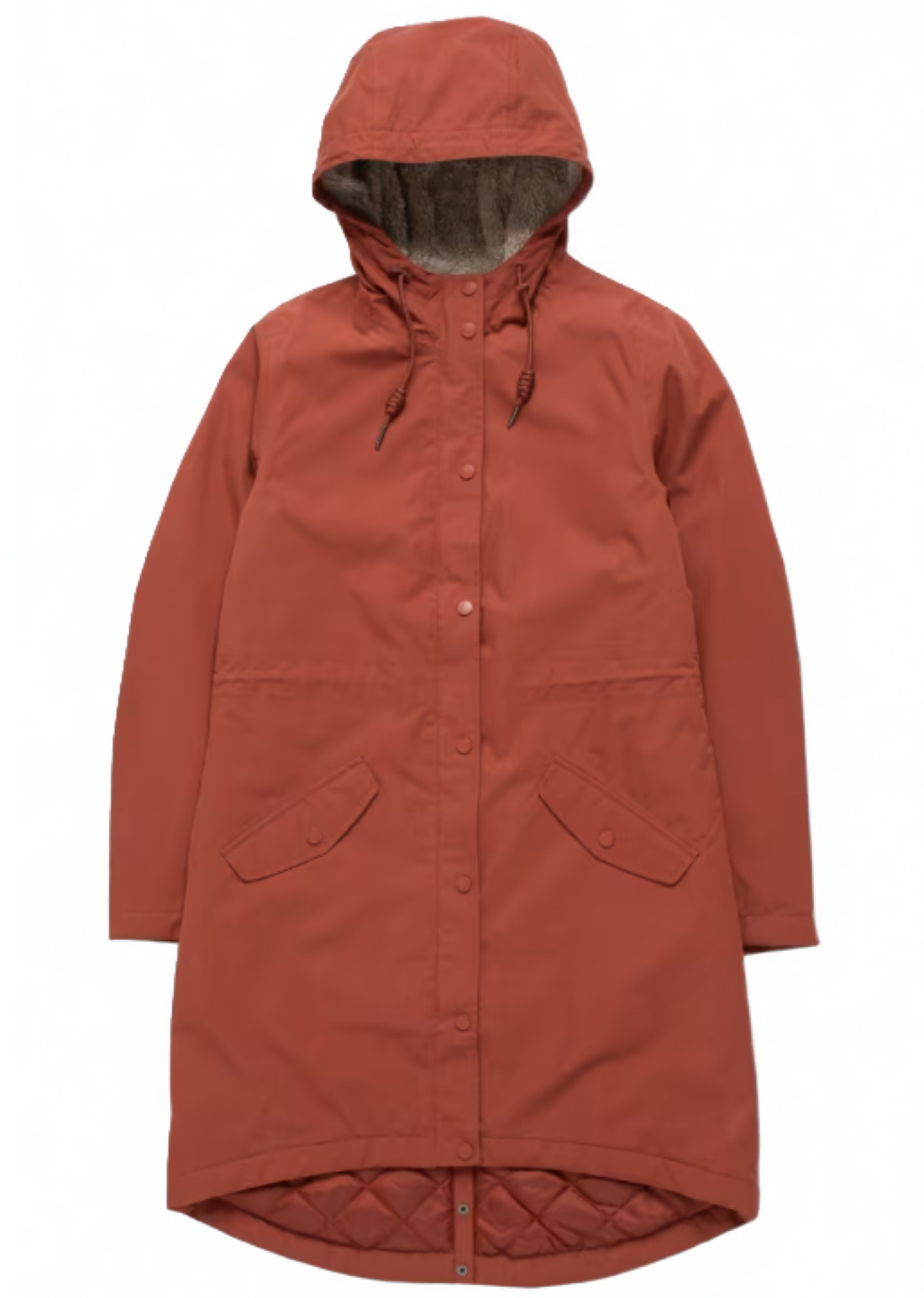 warm waterproof raincoat with gently fitted shape in a soft red brown colour