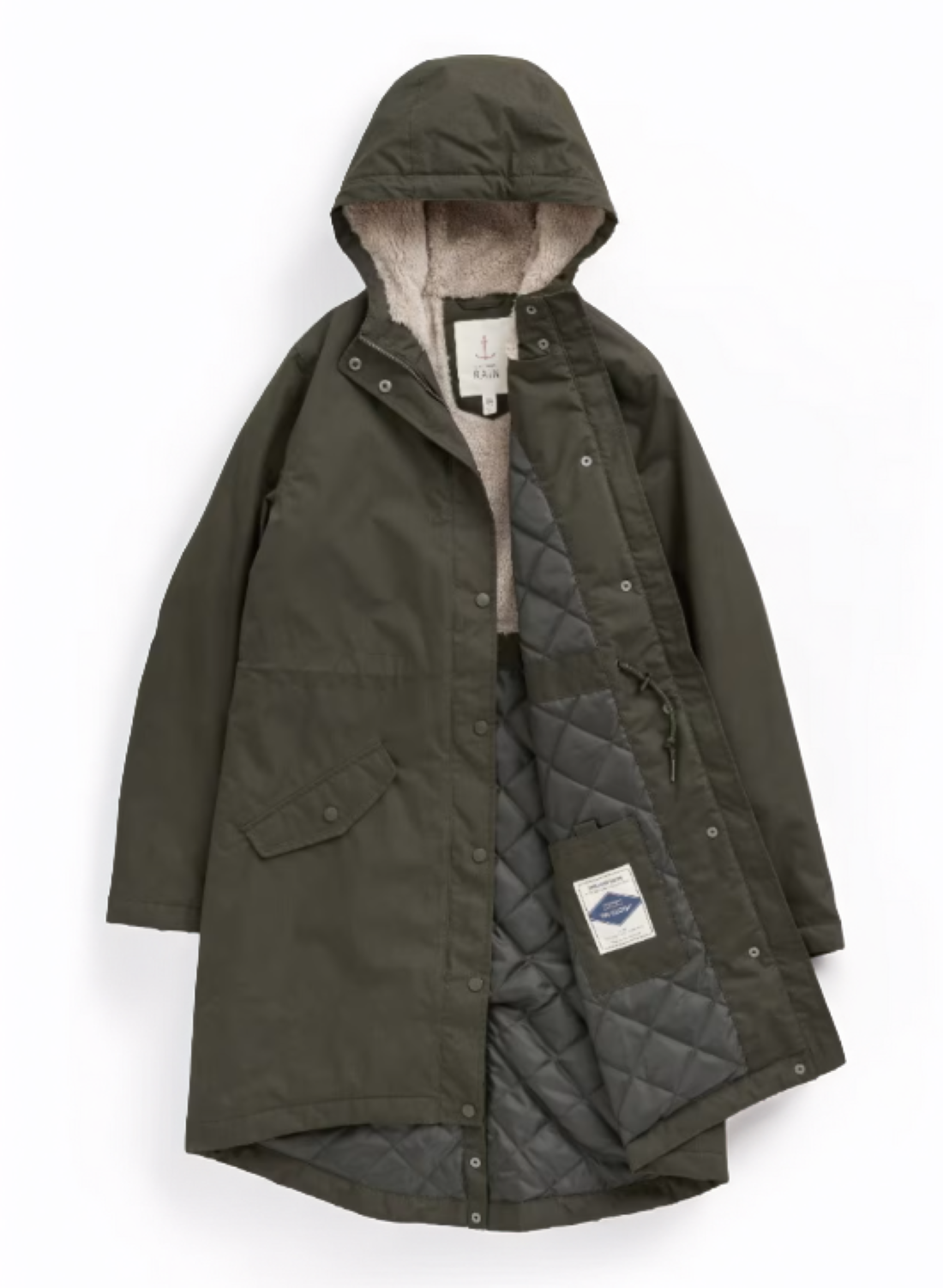 warm waterproof raincoat with gently fitted shape in woodland green