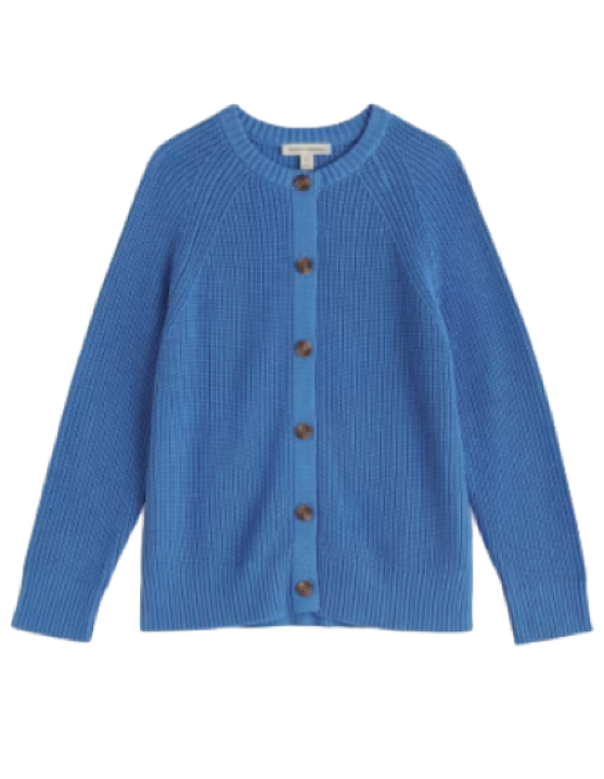 relaxed fit, crew-neck, cardigan with raglan sleeves in a mid blue
